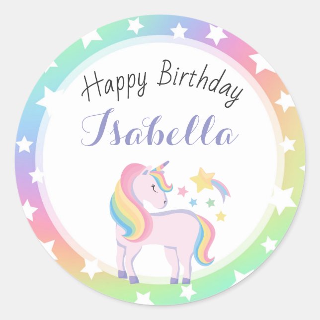 Adesivo Redondo Rainbow Stars & Magical Unicorn Happy Birday (Frente)