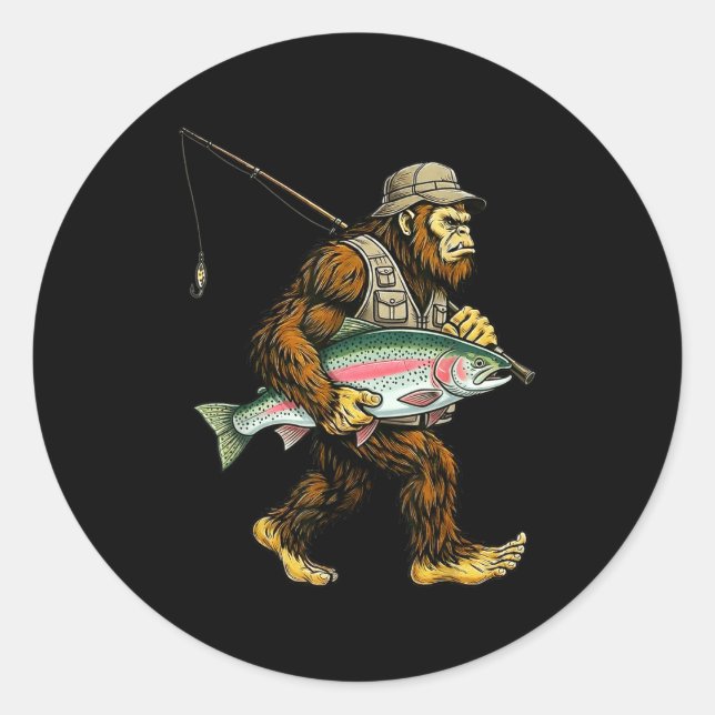 Adesivo Redondo Rainbow Trout Bigfoot Fisherman River Fishing Sasq (Frente)
