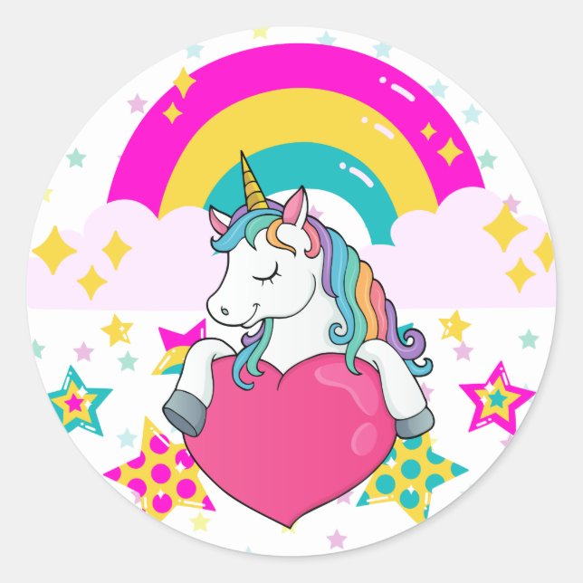 Adesivo Redondo Rainbow Unicorn com estrelas (Frente)