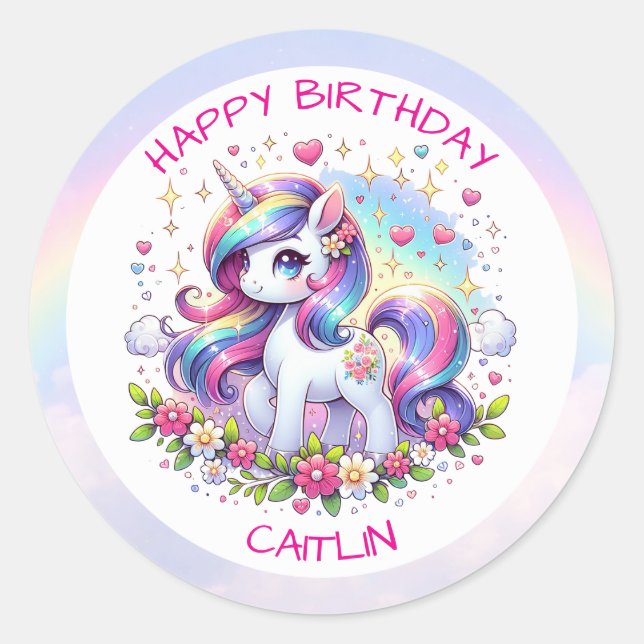 Adesivo Redondo Rainbow Unicorn Girl's Birthday Party Personalized (Frente)
