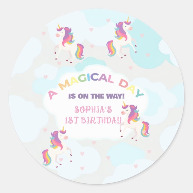 Adesivo Redondo Rainbow Unicorn Party Stickers (Frente)