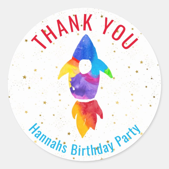Adesivo Redondo Rainbow Watercolor Rocket Exterior Space Obrigado (Frente)