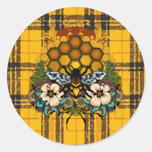 Adesivo Redondo Rainha Abelha Mel Floral Amarelo Marrom Xadrez Fer