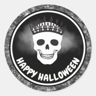 Adesivo Redondo Rainha Caveira Branca & Halloween com Brilho Preto
