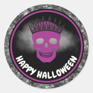 Adesivo Redondo Rainha Caveira Roxa & Halloween com Brilho Preto