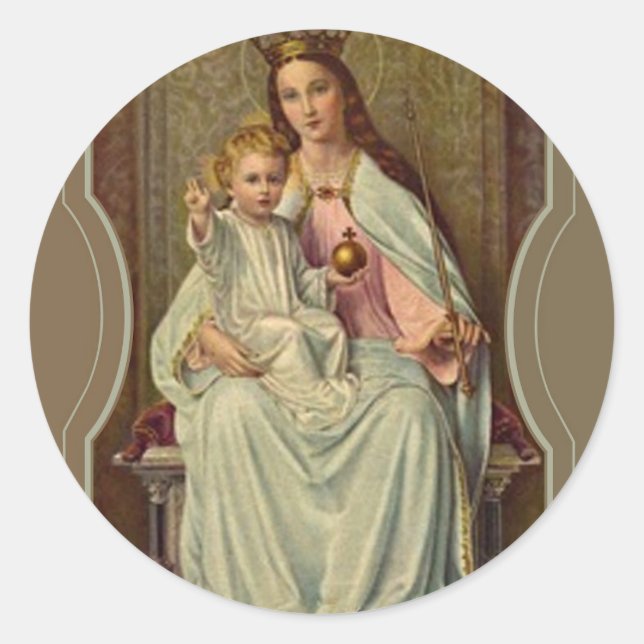 Adesivo Redondo Rainha Crowada de Jesus Criança do Céu, segurando  (Frente)