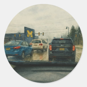 Adesivo Redondo Rainy Ann Arbor Intersection, Big House Watercolor