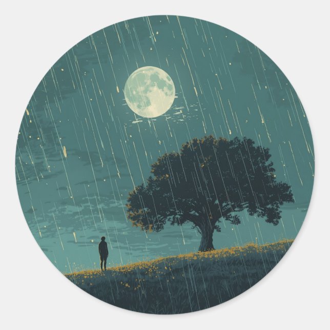 Adesivo Redondo Rainy Solitude – Lonely Person & Tree Illustration (Frente)
