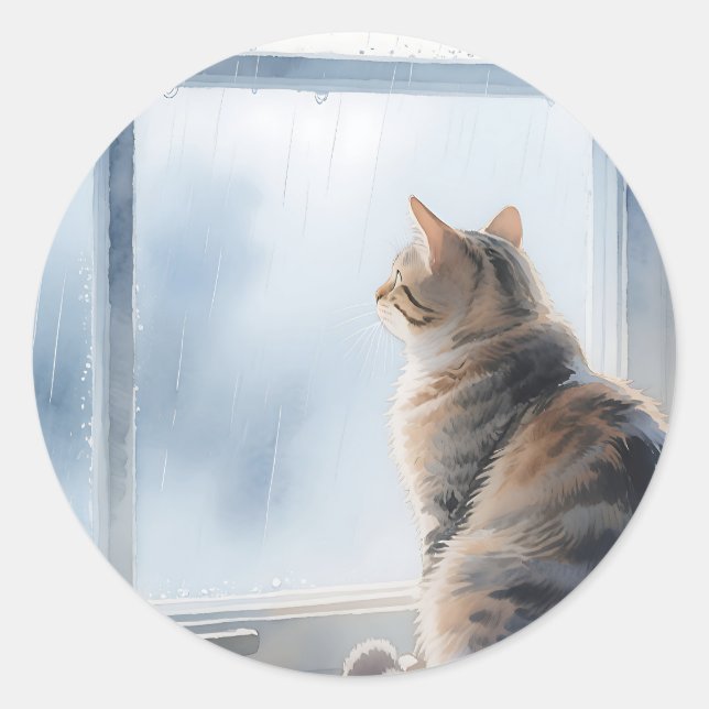 Adesivo Redondo Rainy Window Watercolor Tabby Cat (Frente)