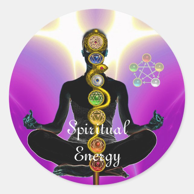 Adesivo Redondo RAIO DE ASCLEPIUS 7 CHAKRAS,YOGA LOTUS POSE Rosa (Frente)