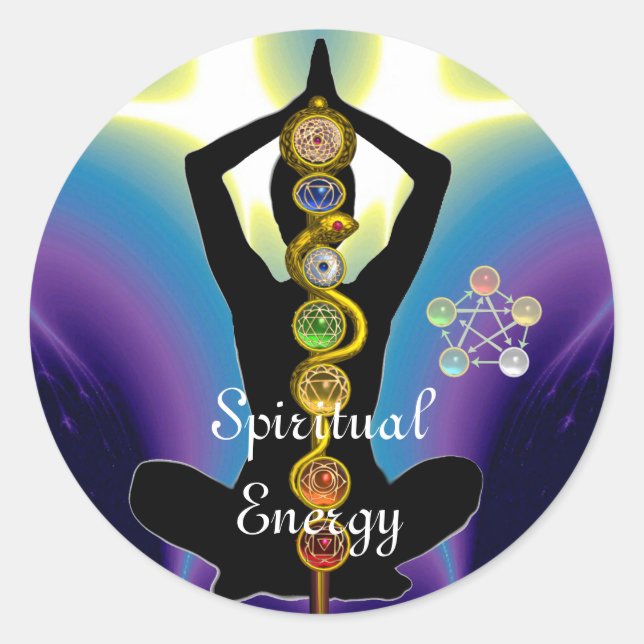 Adesivo Redondo RAIO DE ASCLEPIUS 7 CHAKRAS,YOGA LOTUS POSE Roxo (Frente)