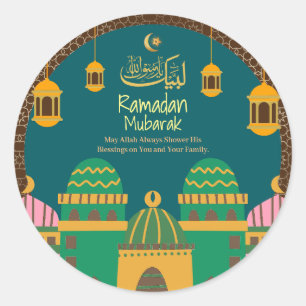 Adesivo Redondo Ramadã  Eid Mubarak Ouro Calliografia Maroon