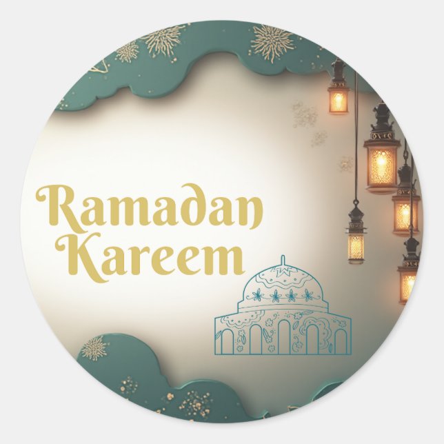 Adesivo Redondo Ramadan Elegance Green & Gold Lanterns and Mosque  (Frente)
