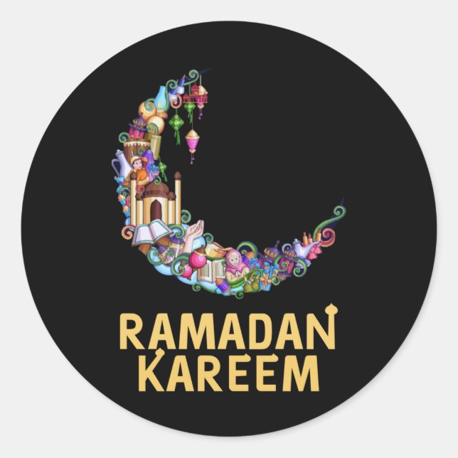 Adesivo Redondo Ramadan Kareem Mubarak Moon em Festa (Frente)