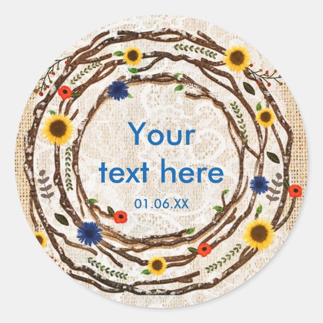 Adesivo Redondo Ramais Florais Burlap Rustic & Lace Stickers (Frente)