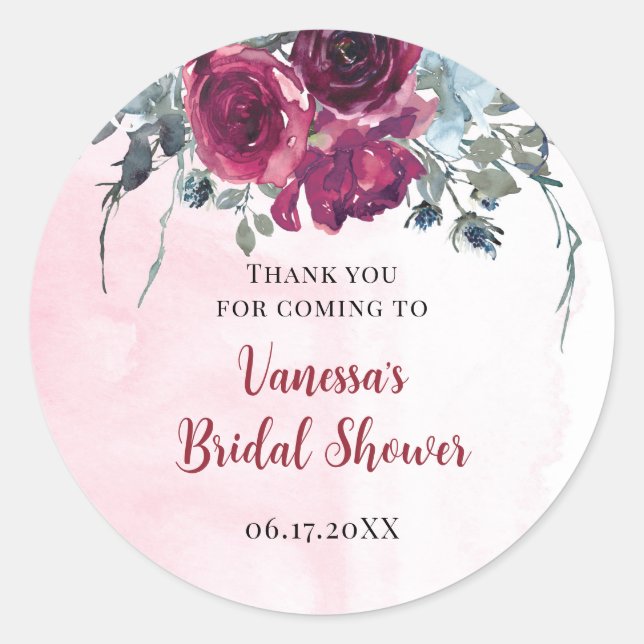 Adesivo Redondo Ramalhetes Florais de Borgonha em Aquarela (Frente)