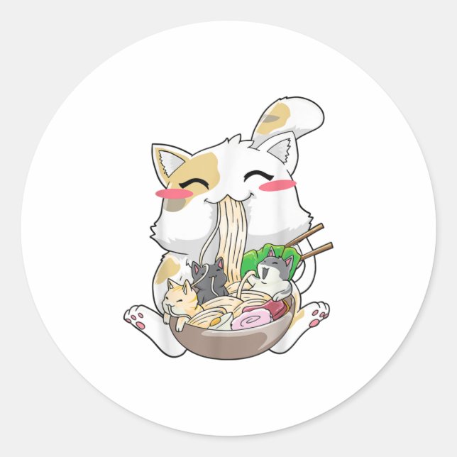 Adesivo Redondo Ramen Cat Anime Kawaii Neko Ramen Bowl (Frente)