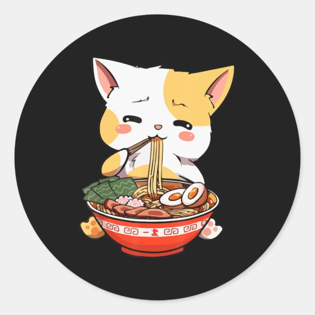 Adesivo Redondo Ramen Cat Comendo Noodles Kawaii Anime Merch Gift  (Frente)
