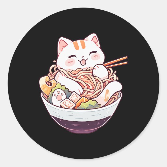 Adesivo Redondo Ramen Cat Kawaii Neko Cute Animes Camisa Para Home (Frente)
