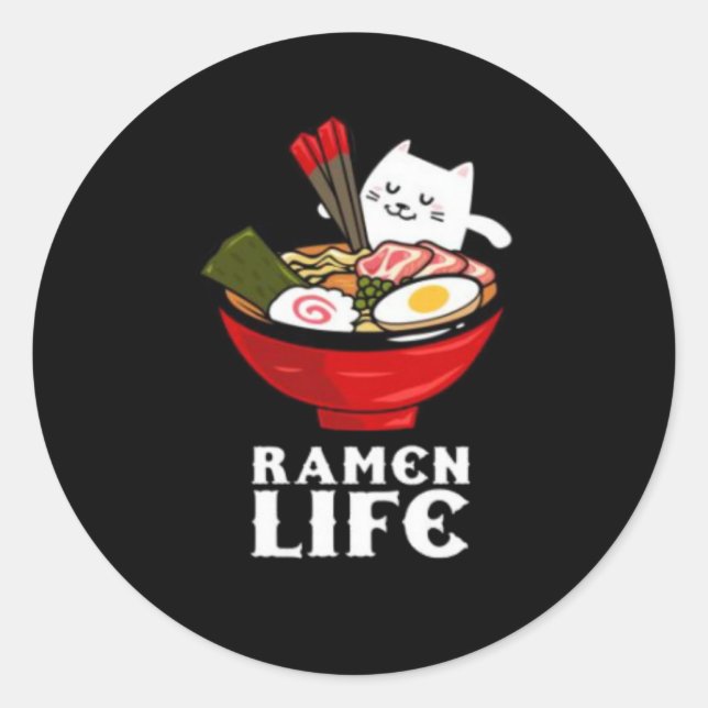 Adesivo Redondo Ramen Life Cat Come na Unisex Poly Cotton (Frente)