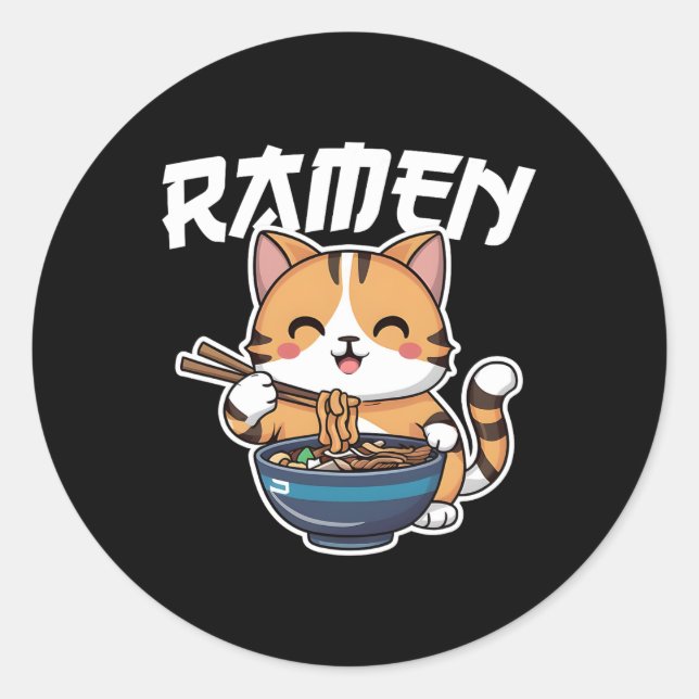 Adesivo Redondo Ramen Noodle Neko Cat Japonês Kawaii Manga Anime (Frente)