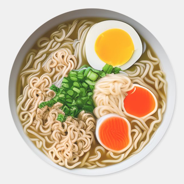Adesivo Redondo Ramen Noodles com Comida de Ovo Encerrado (Frente)