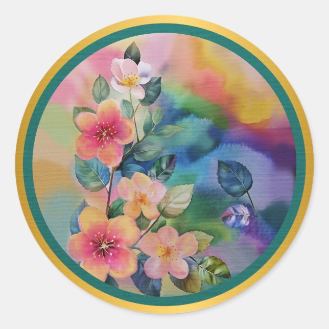 Adesivo Redondo Ramificação de Primavera de Aquarela Colorida com  (Frente)