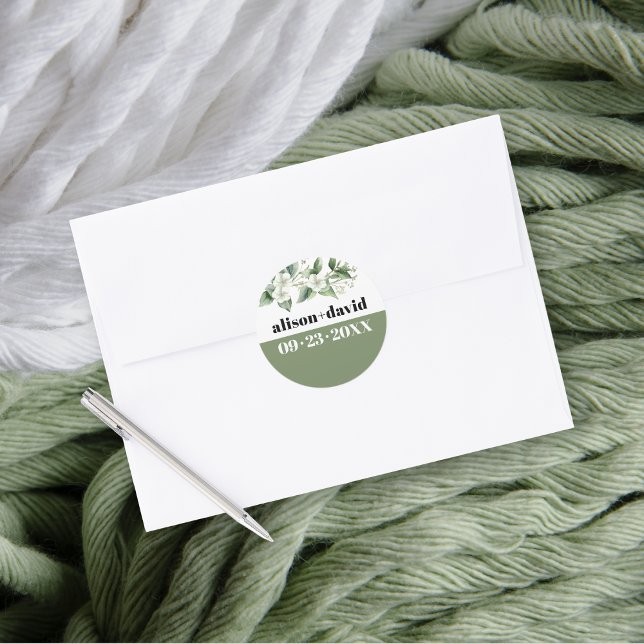 Adesivo Redondo Ramo de eucalipto e flores, casamento tipográfico (Criador carregado)