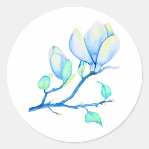 Adesivo Redondo Ramo de Magnólia em Aquarela Azul Verde Botânico