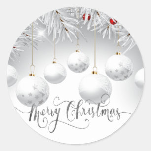 Adesivo Redondo Ramos de Pinheiro Bolas Brancas Feliz Natal