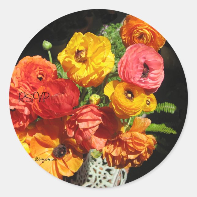 Adesivo Redondo Ranunculas Flores RSVP Selos De Casamento (Frente)