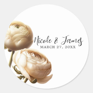 Adesivo Redondo Ranúnculo Floral Creme e Branco para Casamento