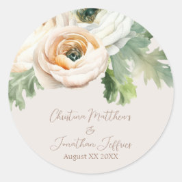 Adesivo Redondo Ranúnculo Romântico de Pêssego em Marfim