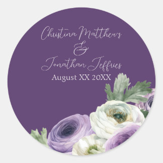 Adesivo Redondo Ranúnculo Romântico em Aquarela em Roxo Escuro