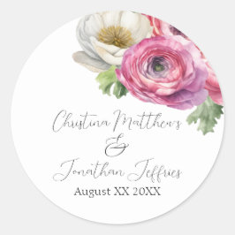 Adesivo Redondo Ranúnculos Românticos em Aquarela Rosa e Branco