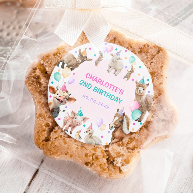 Adesivo Redondo Rapariga Animais de Fazenda Confetti Balão Anivers (Criador carregado)