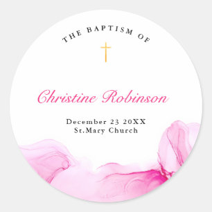 Adesivo Redondo Rapariga Baptism Christening Pink Ink