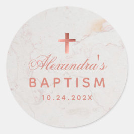 Adesivo Redondo Rapariga Baptism Faux Rosa Dourado Marble Elegante