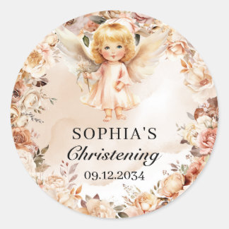 Adesivo Redondo Rapariga bonita, coroa e flores de marfim Batismo