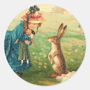 Adesivo Redondo Rapariga com Páscoa de boneca e coelho