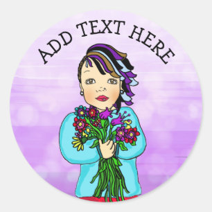 Adesivo Redondo Rapariga de Arte Folclórica com Flores e Belo Dia
