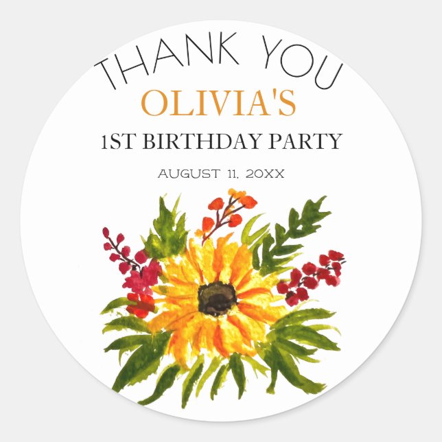 Adesivo Redondo Rapariga de girassol da primeira Festa de aniversá (Frente)