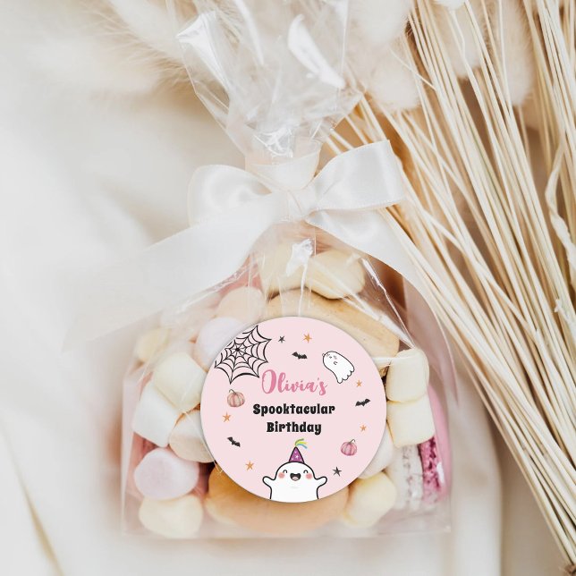 Adesivo Redondo Rapariga de Halloween, Aniversário Rosa, Fantasma (Criador carregado)