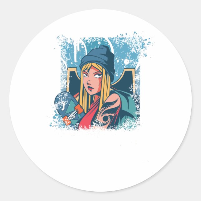 Adesivo Redondo Rapariga de skate Anime Dão presente para mulheres (Frente)