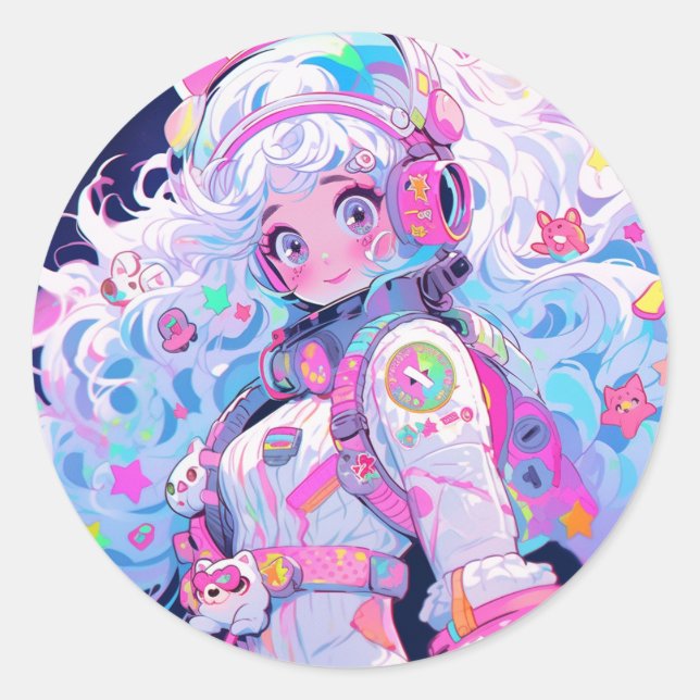 Adesivo Redondo Rapariga do Astronauta Espacial de Kawaii Moe Past (Frente)