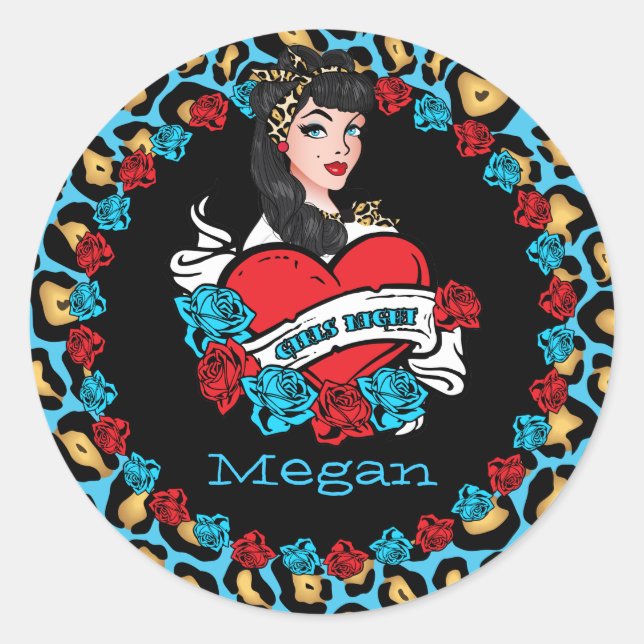 Adesivo Redondo Rapariga do Pin-up, Rock-a-Billy, Stickers (Frente)