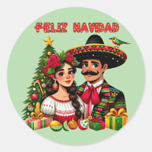 Adesivo Redondo Rapariga mexicana árvore de natal Feliz Navidad