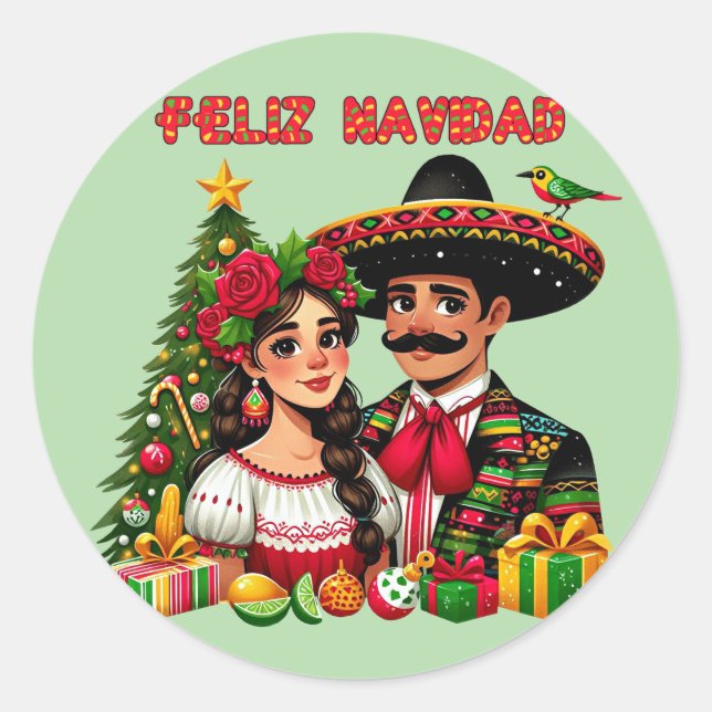 Adesivo Redondo Rapariga mexicana árvore de natal Feliz Navidad (Frente)