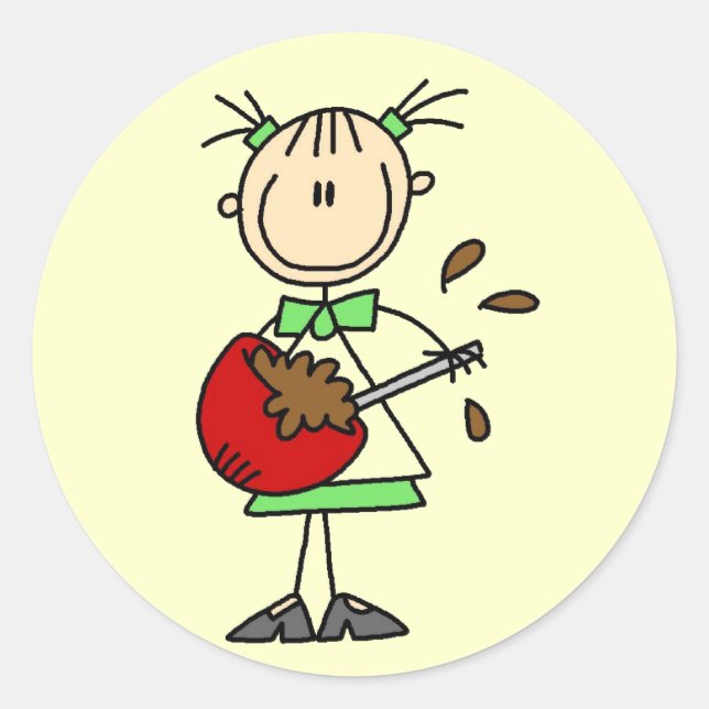 Adesivo Redondo Rapariga Misturando Camisas de Bateria e Presentes (Frente)