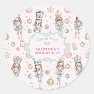 Adesivo Redondo Rapariga Pink Nutcracker Aniversário Obrigado
